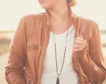 Black Tassel Necklace Leather Long Black and White