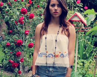 Bohemian Top Mexican Embroidered Shirt Size XS - M Organic Cotton Lace Boho Hippie Upcycled Clothing Recycled Eco Friendly OOAK