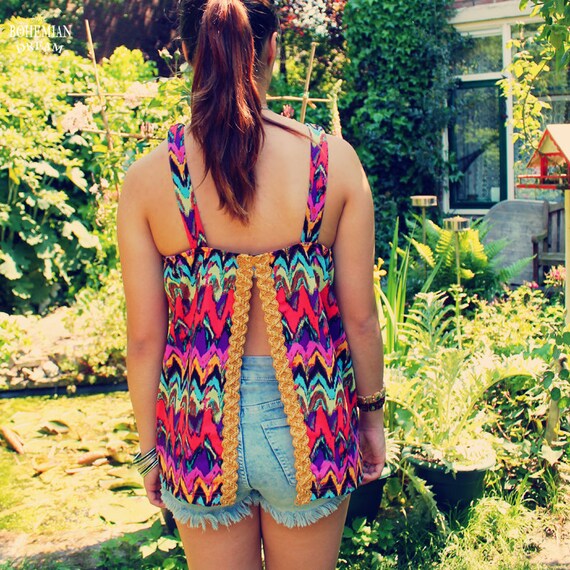 Bohemian Top Split Back Tank Shirt 80s Vintage by TheBohemianDream