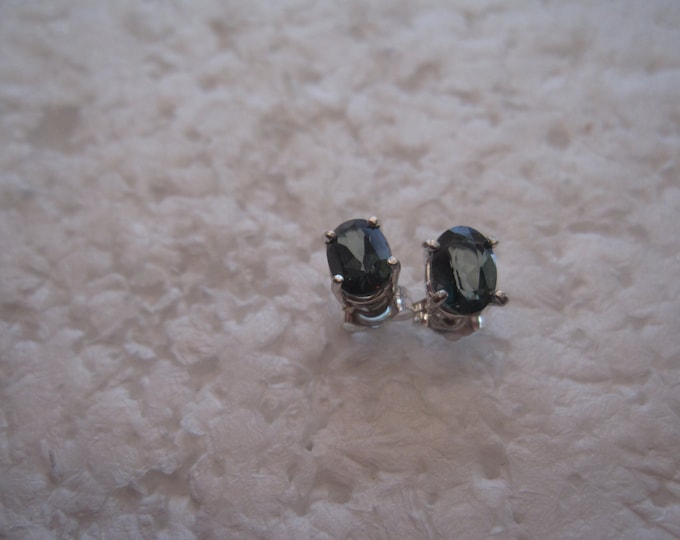 Green Topaz Stud Earrings, 7x5mm Oval, Natural, Set in Sterling Silver E792