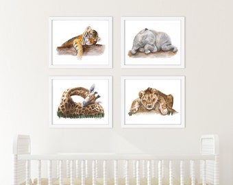 Safari Nursery Art Set of 4 Prints, Baby Animals, Safari Prints, Nursery Prints, Safari Animals, Lion, Tiger, Giraffe, Elephant, Animal Art
