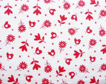Red & White Flannel Fabric, Robert Kaufman 12878 Bonny Bloom, Lesley Grainger Designs, Red Flowers and Birds Quilt Flannel, Cotton