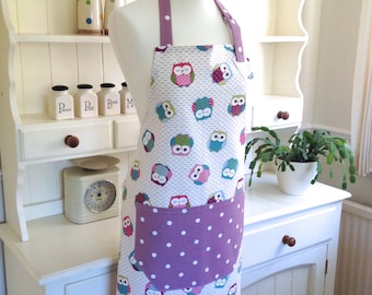 Purple Owls Apron, Adjustable Apron, Ladies Full Length Apron, Owls Apron