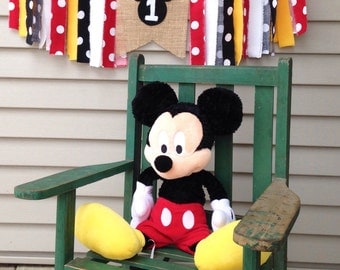 Birthday Banner ~Mickey Mouse High Chair banner ~Mickey theme ~Burlap Banner ~Black Red White Yellow ~1st birthday ~photo prop