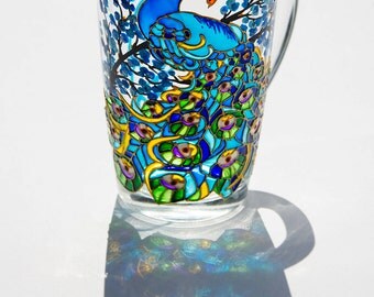 Peacock Wedding Favors, Peacock Decor, Large Coffee Mug, Wedding cups, Hand painted Peacock Cup, Christmas gift mug