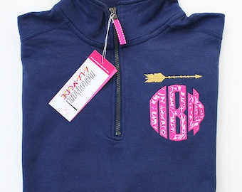 1/4 Zip Pi Beta Phi Greek Letter Monogram Sweatshirt with Gold Arrow