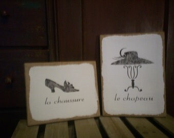 Country French 9"x12" & 8"x10" La Chaussure (the shoe) and Le Chapeau (the hat) Burlap Canvases