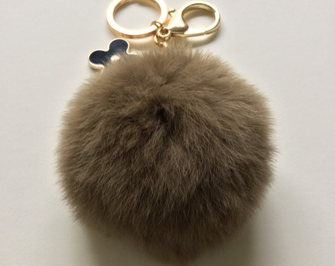 Brown fur pom pom keychain REX Rabbit fur pom pom ball with flower bag charm
