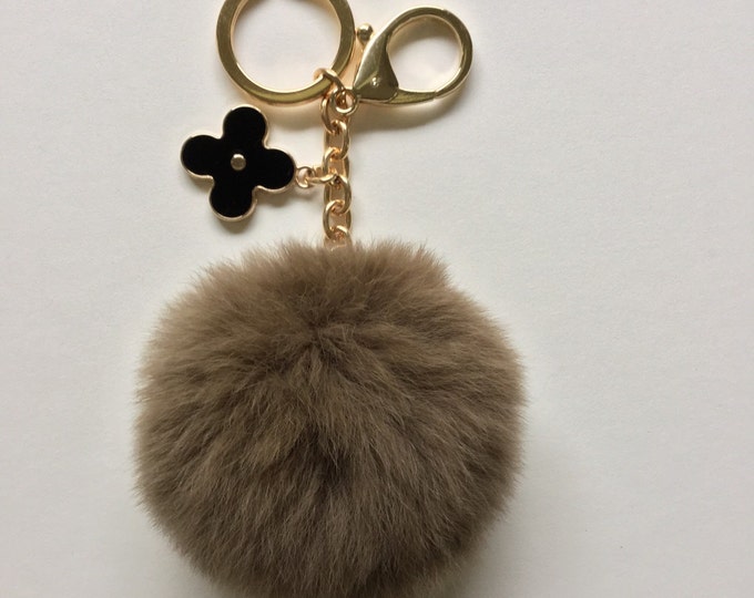 Brown fur pom pom keychain REX Rabbit fur pom pom ball with flower bag charm