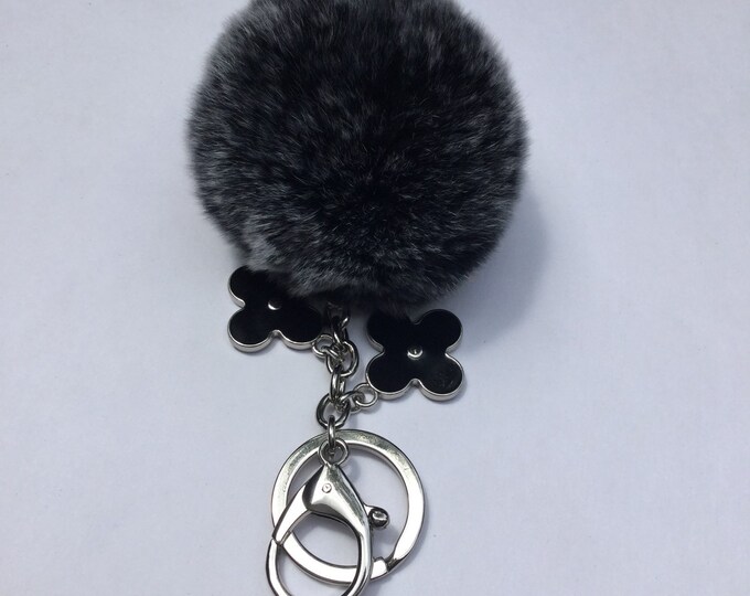 Pom-Perfect Black frosted REX Rabbit fur pom pom ball with black flower keychain