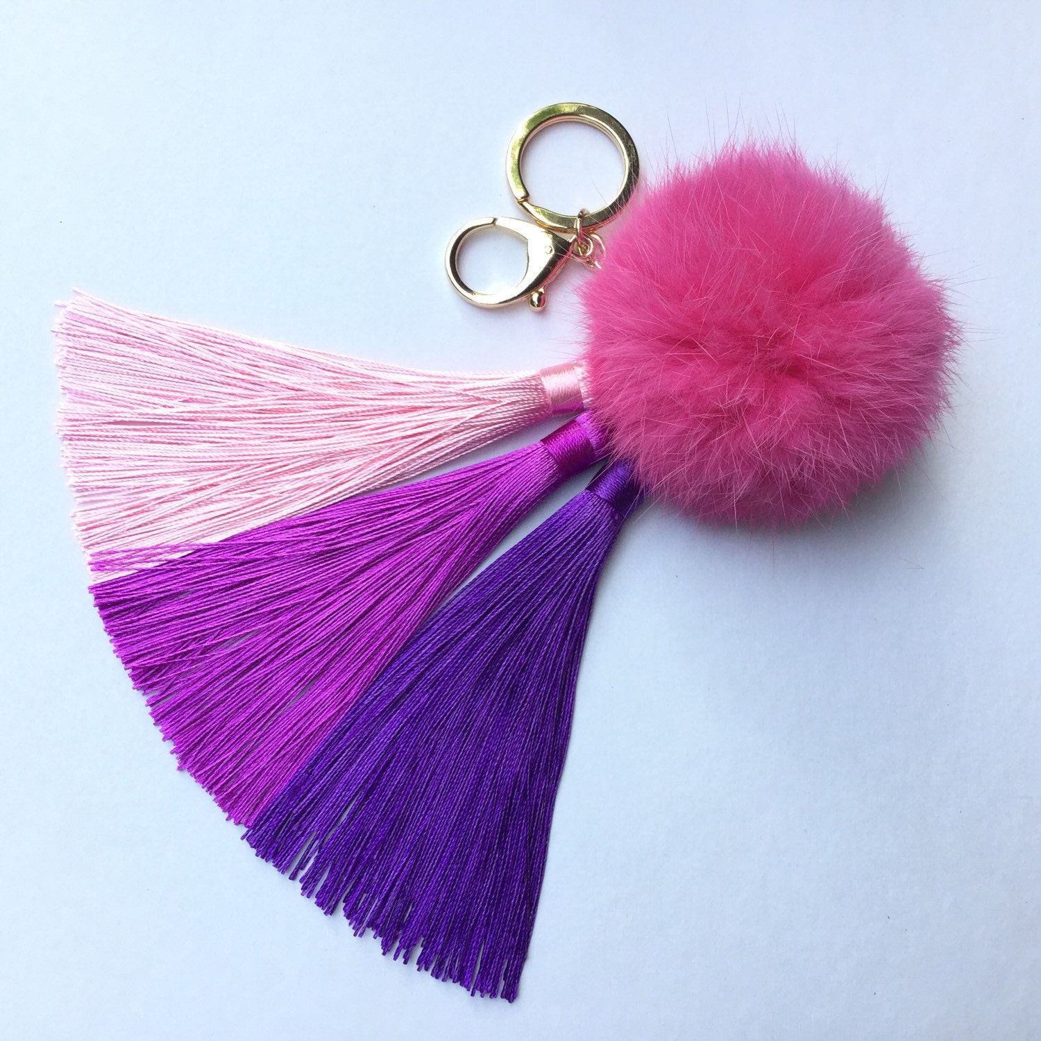 Purple Gradient Tassel Handbag Charm Fur Pom Pom by YogaStudio55