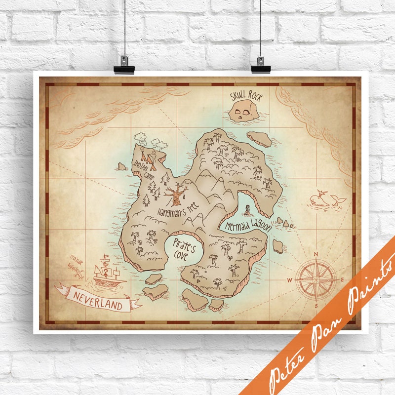 neverland map peter pan inspired art print unframed