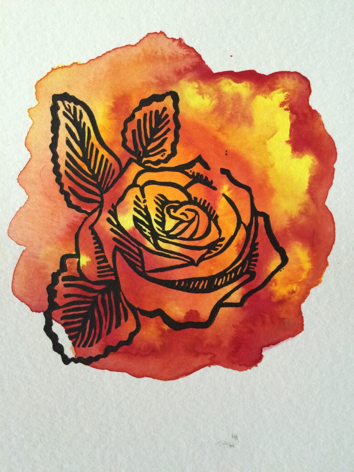 Rose Linoleum Print Colored by KatefromtheBay on Etsy