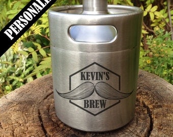 Custom Stainless Steel Mini Keg Growler with personalized design, personalized growler, groomsmen, laser engraved, home brew