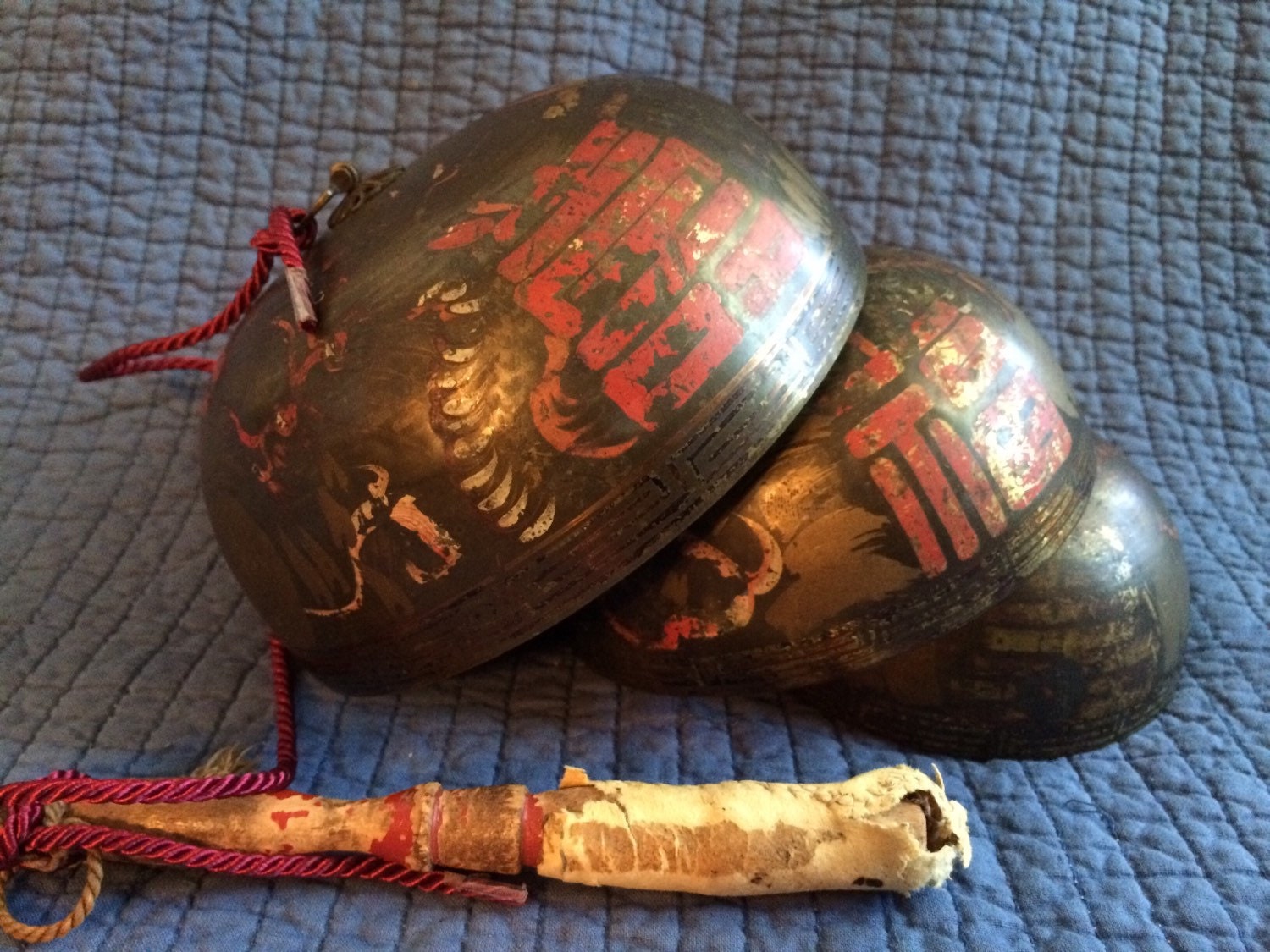 Antique Chinese Bronze 3 Tier Bell with Gong Stick/Antique