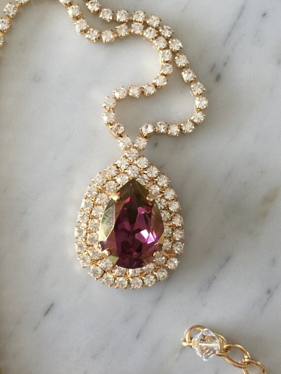 Large Pear Cut Swarovski Lilac Shadow Crystal Bridal, Bridesmaid, Cocktail Yellow Gold Necklace