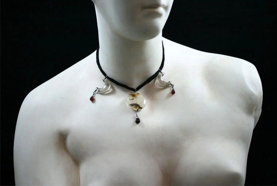 Triple moon with smoky quartz, agate, and garnet on a silk ribbon