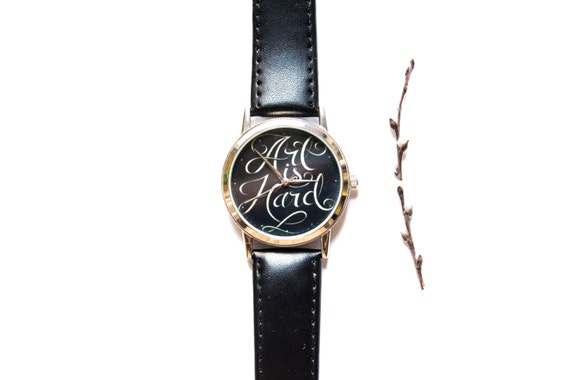 ART IS HARD- Quote watch- Black wrist watch-Quartz watch- Red leather ...