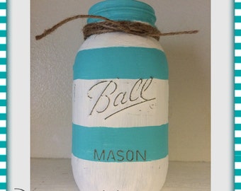 Striped Painted Mason Jar - Quart or Pint - Nautical Decor - Flower Vase - Beach Wedding Centerpiece - Beachy Home Decor - Coastal - Cottage