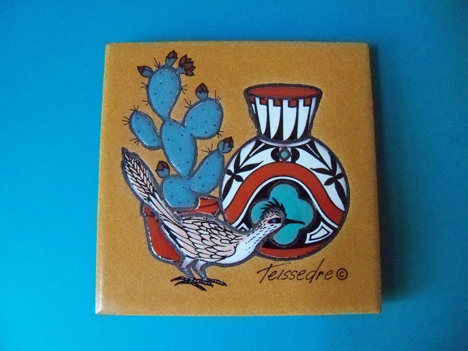 Vintage Cleo Teissedre Southwest Art Tile Hand Painted Signed