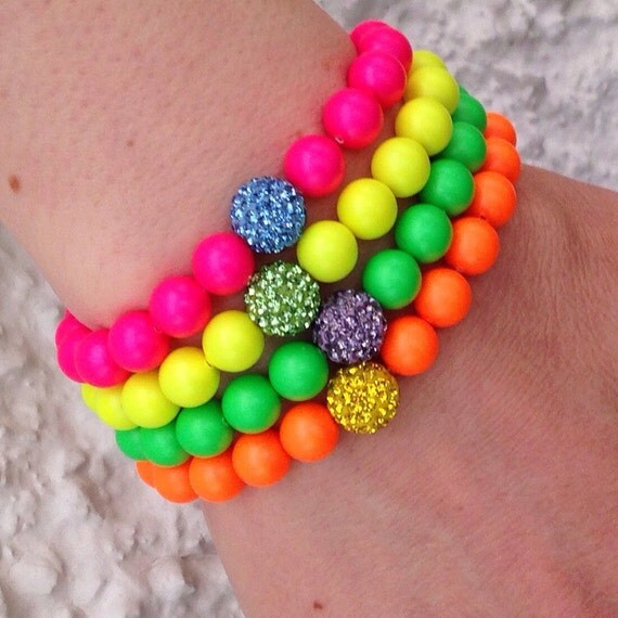Neon bracelets with Shamballa glitter balls 80s fashion