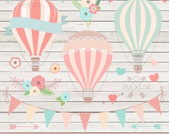 Hot air balloons clip art: "Hot Air Balloon Clipart II" for wedding invitations, save the date cards, baby showers, birthday parties