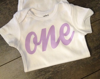 Baby lavender one bodysuit ,  pink first birthday bodysuit