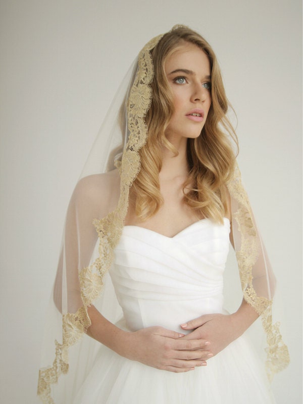 Golden lace mantilla veil gold lace mantilla wedding veil