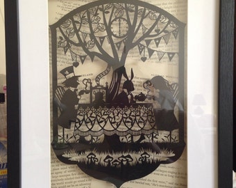 Paper cut of Alice in wonderland Mad Hatters Tea Party. Large box framed. Handmade to order.