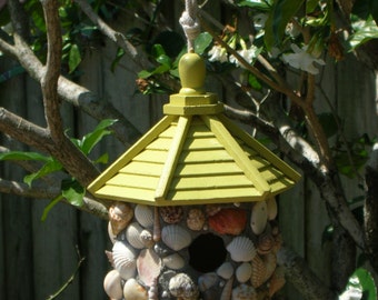 Summer Yellow Shell Encrusted Painted Wood Birdhouse with Natural Pearls and Seaglass 10 Inches Tall Indoor / Outdoor