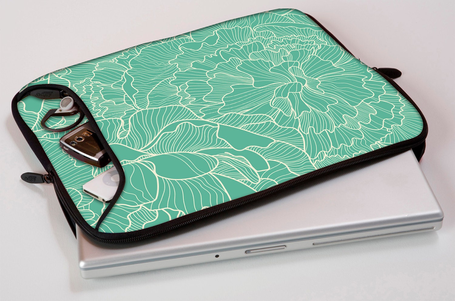 Teal MacBook Pro Case Laptop Case Peony Laptop Bag 13 by DeskCandy
