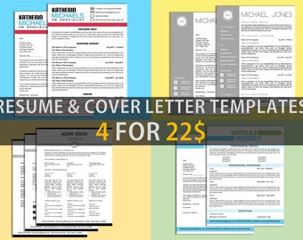 Sale! 4 RESUME TEMPLATES + Cover Letters | CV + Cover Letter designed Template - free resume template