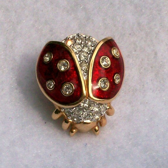Swarovski Small Lady Bug Beetle Brooch Pin by FadingFiftiesVintage