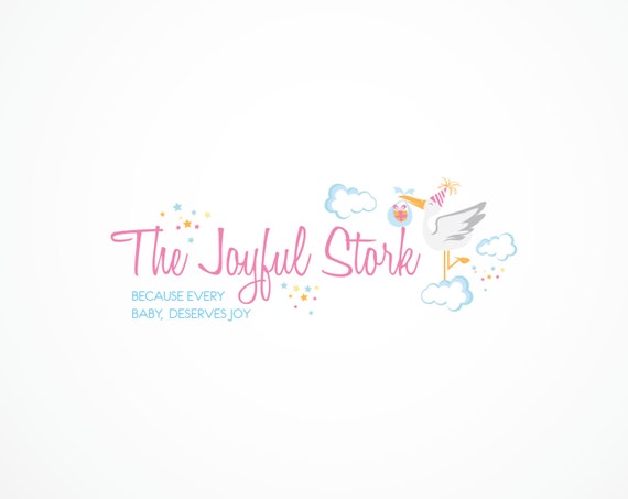 Stork Logo Design Cute Party Outfit on Blue Fluffy Clouds