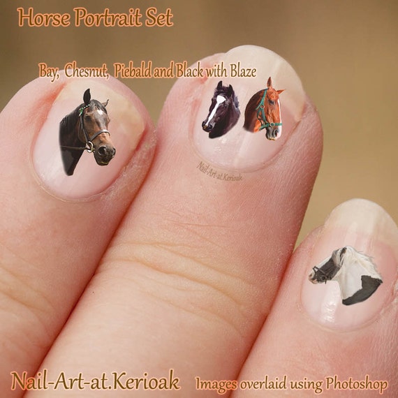 Horse nail art, animal decals, nail decal, nail stickers, fingernail, black, bay, chestnut 