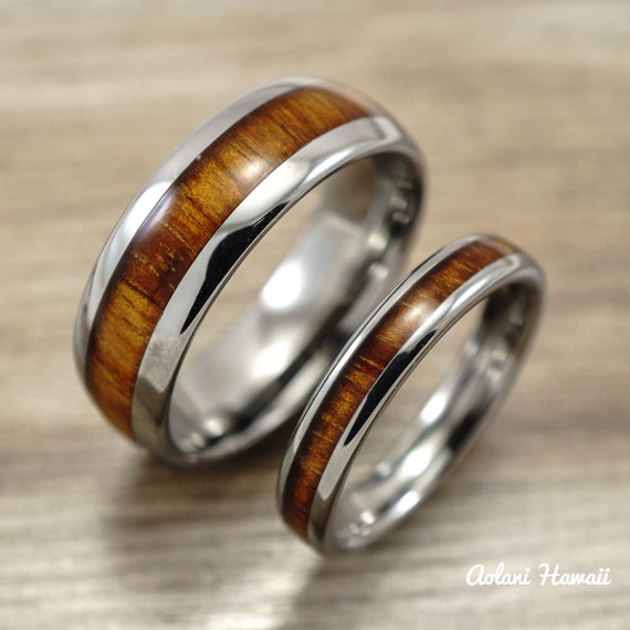 Wedding Band Set of Tungsten Rings with Hawaiian Koa Wood Inlay (4mm ...