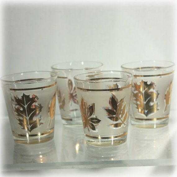 Gold Leaf Shot Glasses Libbey Glass Frosted by SalamanderAlley2
