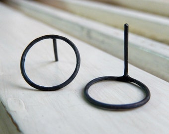 Oxidized sterling silver post earrings - Silver Circle Post Earrings - Black open circle stud earrings - Oxidized post earrings -