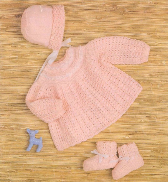 Knit Baby Dress Booties Bonnet Vintage Pattern jumper knitting