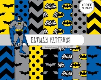 Buy 2 Get 1 Free! Digital Paper Batman Patterns, Blue, Black, Gray and Yellow, chevron, polka dots, bat for Label, seamless + clipart free