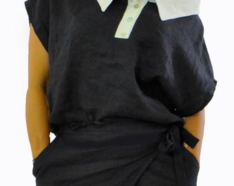 Black Linen BlOUSE and PANTS/100% linen woman SET/Loose blouse and pants/Maxi set/Oversize SET/Black and white Top and pants/Gabyga/ T1387