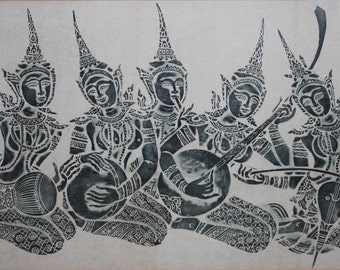 Large Vintage Thai/Cambodian Angkor Wat Temple Stone Rubbing Art on Rice Paper