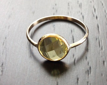 14k solid yellow gold and lemon quartz cabochon gemstone ring