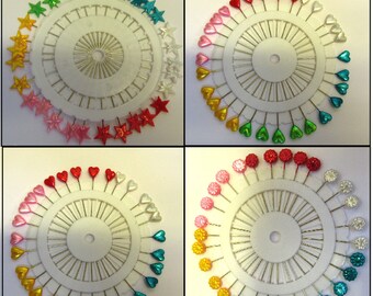 Plastic Headed Extra Long Pins - Assorted Colours - Hearts-Stars-Daisy