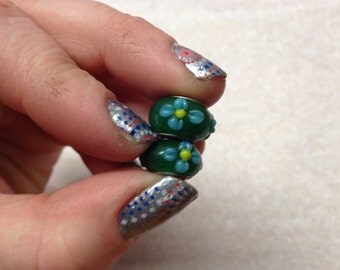 Vintage Set of 2 925 Sterling Silver Charms with Green with Blue Raised Flower Design