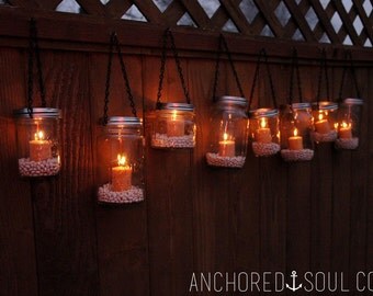 Mason Jar Hanging Outdoor Lantern Lights - Set of 10 - Includes Candles and Jar Filler