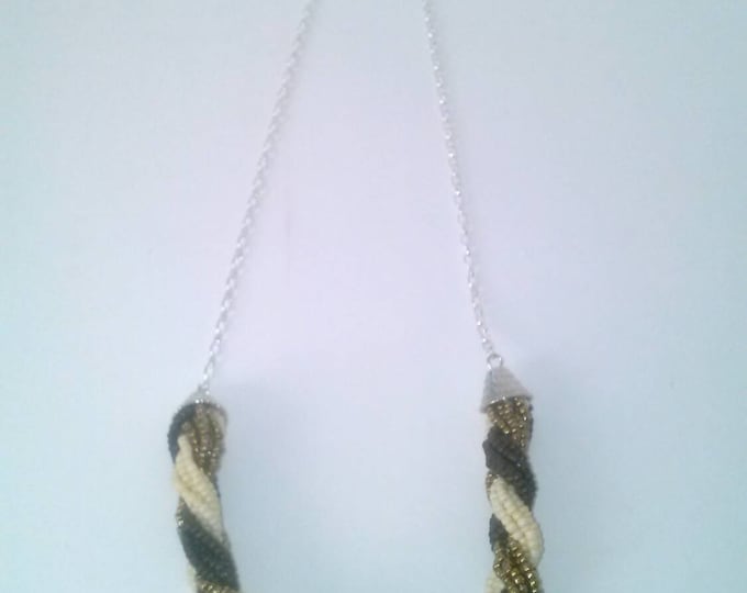 Brown Gold White Cluster Braided Beaded Sliver Chain Necklace