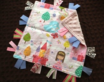 Custom Personalized Tag Minky Sensory Ribbon Blanket Lovey- Princesses Castles and Minky Dot