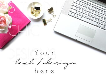 Styled Stock Photography - Styled Desktop - Pink and Gold - Macbook Computer - Digital Image - Flatlay - 017b