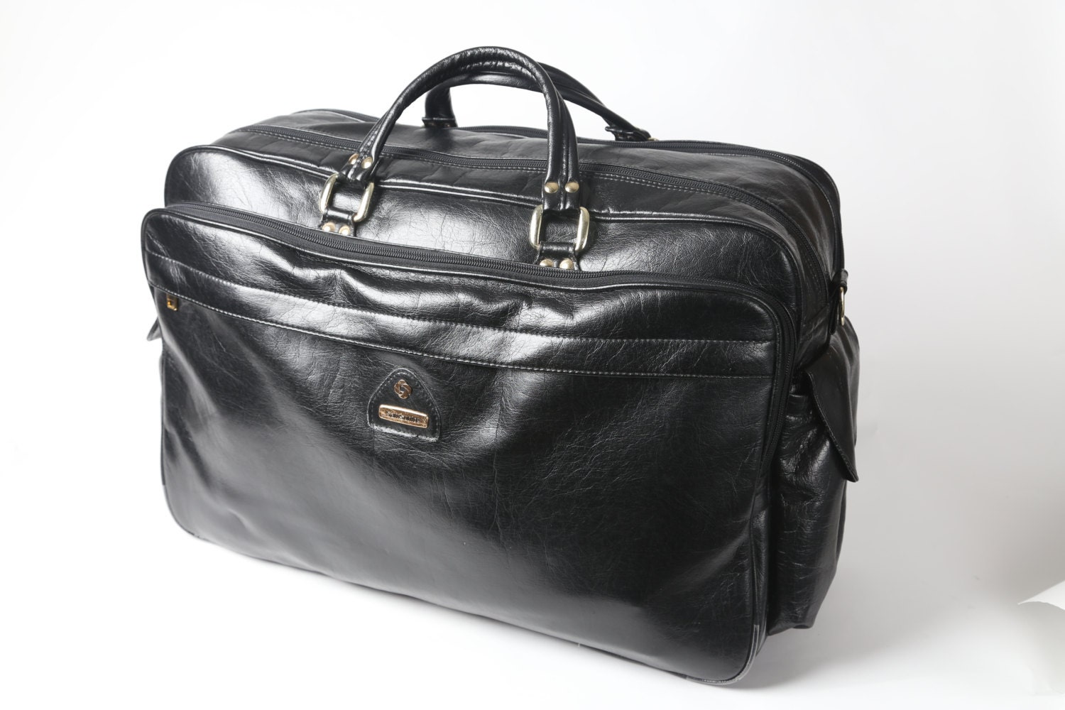 Black Samsonite Bag Leather-Look Vintage Luggage with Gold